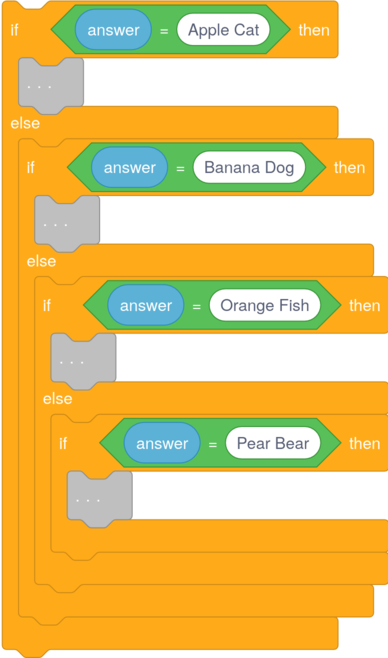 if answer = Apple Cat then ... else if answer = Banana Dog then ... else if answer = Orange Fish then ... else if answer = Pear Bear then ...