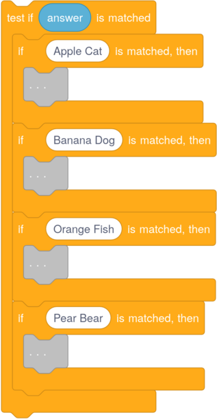 test if answer is matched. if Apple Cat is matched, then ... if Banana Dog is matched, then ... if Orange Fish is matched, then ... if Pear Bear is matched, then ...